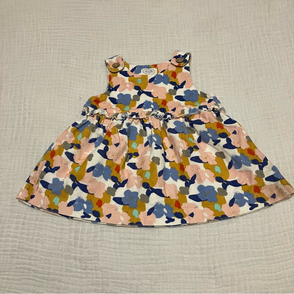 Mud Pie Floral Corduroy Dress Ruffled Empire Waistline Wood-look buttons Sz 6-9m